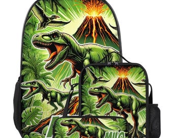 Backpack T-Rex Dinosaurs Schoolbag Custom for Boys Bookbag and Lunchbox Lunch Bag Pencil Case Personalized Set Back to School Bag with Name