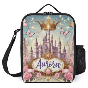 Sac à lunch personnalisé pour enfants avec monogramme personnalisé avec nom Sac à lunch violet couronne de château de princesse pour camp scolaire garçons et filles