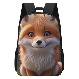 May include: A black backpack featuring a large, detailed graphic print of a fox face on the front panel. The fox has orange and white fur, large dark eyes, and a small black nose. The backpack includes black shoulder straps and side mesh pockets.