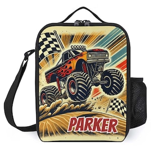 Sac à lunch personnalisé pour enfants avec monogramme personnalisé avec nom Monster Truck on Road Sac à lunch pour camp scolaire garçons et filles