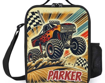 Personalisierte Lunchbag für Kinder Benutzerdefinierte Monogramm Lunch Tote mit Namen Monstertruck auf der Straße Lunch Bag für das Schullager Jungen und Mädchen