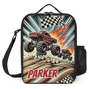 Sac à lunch personnalisé pour enfants avec monogramme personnalisé avec nom Sac à lunch Monster Trucks chemin de terre pour camp scolaire garçons et filles