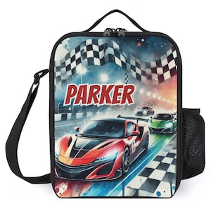 Sac à lunch personnalisé pour enfants avec monogramme personnalisé avec nom, voitures de sport, piste de voiture de course, sac à lunch pour camp scolaire garçons et filles