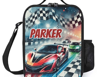 Personalisierte Lunchbag für Kinder Benutzerdefinierte Monogramm Lunch Tote mit Namen Sportwagen Strecke Rennauto Lunch Bag für das Schullager Jungen und Mädchen