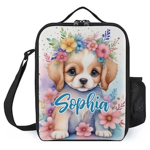 Sac à lunch personnalisé pour enfants avec monogramme personnalisé avec nom, chiot, sac à lunch floral pour chien pour camp scolaire, garçons et filles
