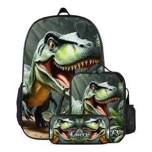 Sac à dos vert T Rex dinosaure cartable cartable personnalisé et boîte à lunch trousse à crayons ensemble personnalisé sac à lunch pochette à crayons pour enfants avec nom