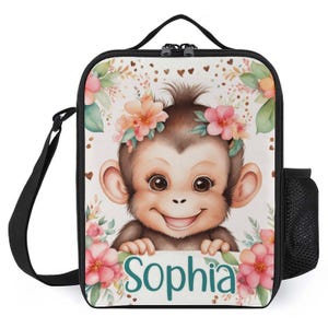 Sac à lunch personnalisé pour enfants avec monogramme personnalisé avec nom Sac à lunch floral animal singe heureux pour camp scolaire garçons et filles