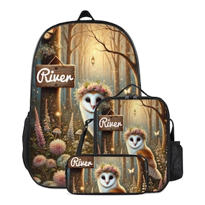 Backpack Barn Owl Boho Schoolbag Custom for Girls Bookbag and Lunchbox Lunch Bag Pencil Case Personalized Set Back to School Bag with Name
