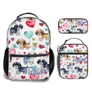 Personalize Puppy Dog Hearts Puppies Dogs Custom Name Backpack Pencil Case Lunch Bag Set for Girls Elementary Middle High School Customized