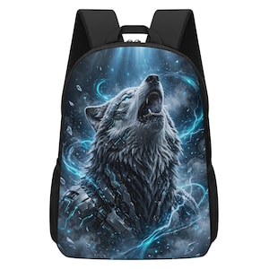 May include: A black backpack featuring a graphic print of a howling wolf with mechanical, cybernetic details. The wolf is surrounded by glowing blue energy, lightning bolts, and swirling mist against a dark, textured background with black straps.