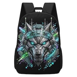 Peut inclure: Un sac à dos noir arborant un grand motif détaillé d'une tête de loup robotique. Le loup est composé de plaques gris métallisé, d'yeux cyan lumineux et de circuits intégrés. Des traînées de lumière verte et bleue rayonnent depuis le centre.