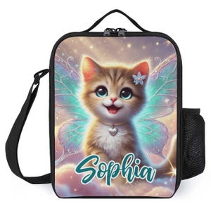 Sac à lunch personnalisé pour enfants avec monogramme personnalisé avec prénom chaton et ailes de papillon Sac à lunch pour camp scolaire garçons et filles