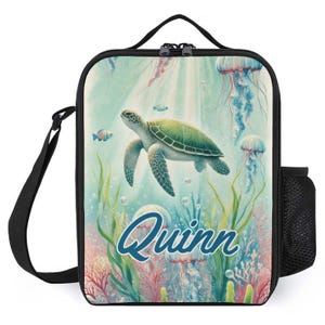 Sac à lunch personnalisé pour enfants avec monogramme personnalisé avec nom, tortue de mer, scène océanique, sac à lunch pour camp scolaire garçons et filles