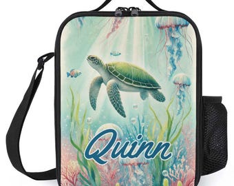 Bolsa de almuerzo personalizada para niños, bolsa de almuerzo con monograma personalizado y nombre, bolsa de almuerzo con escena de tortuga marina para la escuela y campamentos, para niños y niñas.