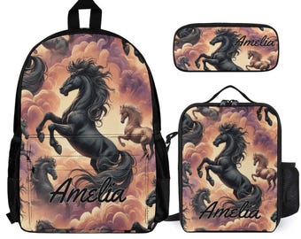 Black Horses Stallions Kids Backpack Set Personalized School Bag Lunchbox Pencil Case Back to School Gift Custom 3 Piece Backpack Bundle