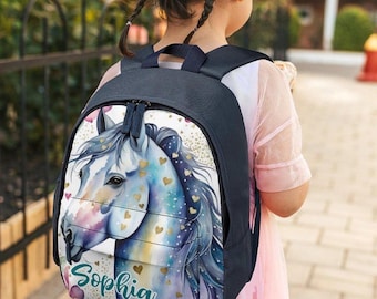水彩馬柄 女の子用 ネイビーブルー 幼児用バックパック 名前入り カスタム パーソナライズ キッズバッグ 幼稚園 保育園 スクールバッグ