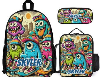 Street Style Monsters Kids Backpack Set Personalized School Bag Lunchbox Pencil Case Back to School Gift Custom 3 Piece Backpack Bundle