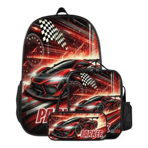 Backpack Sports Racecar Schoolbag Custom for Boys Bookbag and Lunchbox Lunch Bag Pencil Case Personalized Set Back to School Bag with Name