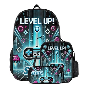 Backpack Gamers Pixelated Schoolbag Custom for Kids Bookbag and Lunchbox Lunch Bag Pencil Case Personalized Set Back to School Bag with Name