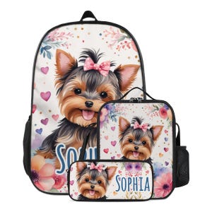 Backpack Yorkie Hearts Schoolbag Custom for Girls Bookbag and Lunchbox Lunch Bag Pencil Case Personalized Set Back to School Bag with Name