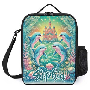 Sac à lunch personnalisé pour enfants avec monogramme personnalisé avec nom dauphins Under Sea Palace Sac à lunch pour camp scolaire garçons et filles