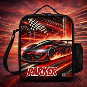 Personalisierte Lunchbag für Kinder Benutzerdefinierte Monogramm Lunch Tote mit Namen Sportwagen Rennbahn Flaggen Lunch Bag für das Schullager Jungen und Mädchen