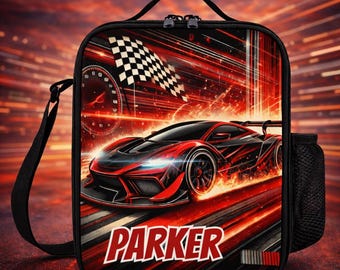 Bolsa de almuerzo personalizada para niños. Lonchera con monograma personalizado con nombre, banderas de pista de carreras de autos deportivos, lonchera para campamento escolar, niños y niñas.