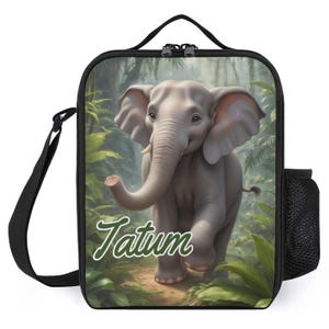Sac à lunch personnalisé pour enfants avec monogramme personnalisé avec nom Éléphant gris dans la jungle Sac à lunch pour camp scolaire garçons et filles