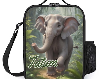 Personalisierte Lunchbag für Kinder Benutzerdefinierte Monogramm Lunch Tasche mit Namen Grauer Elefant im Dschungel Lunch Bag für das Schullager Jungen und Mädchen