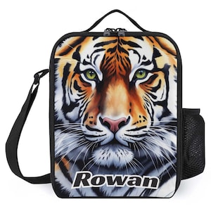 Sac à lunch personnalisé pour enfants avec monogramme personnalisé avec nom Tiger Animal Face vers le haut Sac à lunch pour camp scolaire garçons et filles