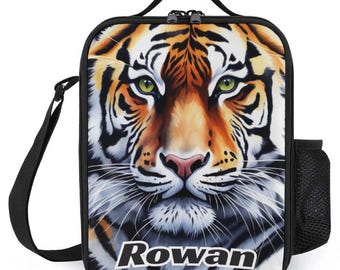 Personalisierte Lunchbag für Kinder Benutzerdefinierte Monogramm Lunch Tote mit Namen Tiger Gesicht Up Schließen Lunch Bag für das Schullager Jungen und Mädchen