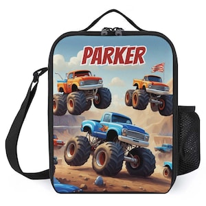 Sac à lunch personnalisé pour enfants avec monogramme personnalisé avec nom Monster Trucks Sac à lunch au design robuste pour camp scolaire garçons et filles