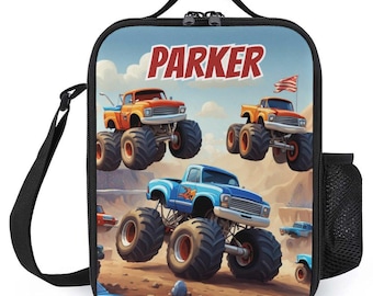 Personalisierte Lunchbag für Kinder Benutzerdefinierte Monogramm Lunch Tote mit Namen Monster Trucks Robuste Design Lunch Bag für das Schullager Jungen und Mädchen
