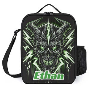 Sac à lunch personnalisé pour enfants avec monogramme personnalisé avec nom Sac à lunch vampire crâne de diable vert pour camp scolaire garçons et filles