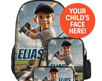 Custom Photo Kids Backpack Lunchbox Lunch Bag Pencil Case Set Personalized Name Face Swap Gift Back to School Boy Toddler Baseball Sports