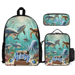 Hai unter Meer Ozean Kinder Rucksack Set Personalisierte Schultasche Lunchbox Federmäppchen Zurück zu Schulgeschenk Benutzerdefiniertes 3-teiliges Rucksackbündel