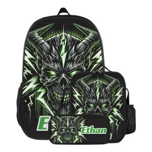 Backpack Devil Skull Schoolbag Custom for Boys Bookbag and Lunchbox Lunch Bag Pencil Case Personalized Set Back to School Bag with Name
