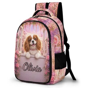 Cavalier Spaniel Blumenfenster Welpen Garten Design Mädchen Individuell personalisierte Namensrucksack Schultasche Büchertasche Ranzen Kinder Schultasche