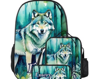 Personalized School Backpack Wolf Design with Custom Name Pencil Case Lunch Bag Set Wolves for Preschool Elementary Middle School Customized