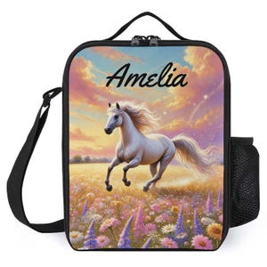 Sac à lunch personnalisé pour enfants avec monogramme personnalisé avec nom Cheval blanc dans un champ de fleurs Sac à lunch pour camp scolaire garçons et filles