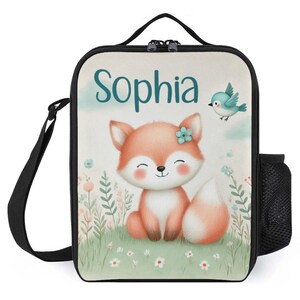 Sac à lunch personnalisé pour enfants avec monogramme personnalisé avec nom Renard des bois fleurs sauvages Sac à lunch pour camp scolaire garçons et filles