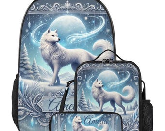 Backpack Wolf Princess Schoolbag Custom Girls Kids Bookbag and Lunchbox Lunch Bag Pencil Case Personalized Set Back to School Bag with Name