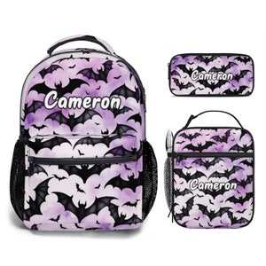 Chauves-souris mignonnes personnalisées, conception de chauve-souris gothique gothique avec nom, sac à dos, étui à crayons, ensemble de sacs à lunch pour filles, primaire, collège, lycée personnalisé