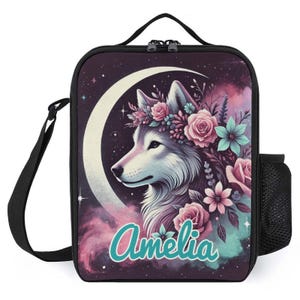 Sac à lunch personnalisé pour enfants avec monogramme personnalisé avec nom animal loup au clair de lune Sac à lunch pour camp scolaire garçons et filles