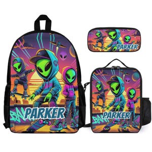 Aliens Street Style Kids Backpack Set Personalized School Bag Lunchbox Pencil Case Back to School Gift Custom 3 Piece Backpack Bundle