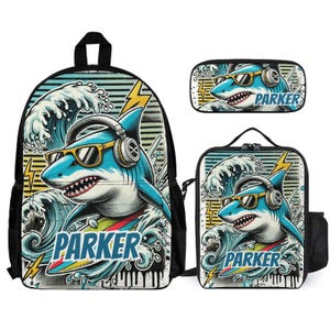 Cooles Haifisch-Retro Ozean-Kinderrucksack-Set, personalisierte Schultasche, Lunchbox, Federmäppchen, Schulanfanggeschenk, individuelles 3-teiliges Rucksack-Bundle