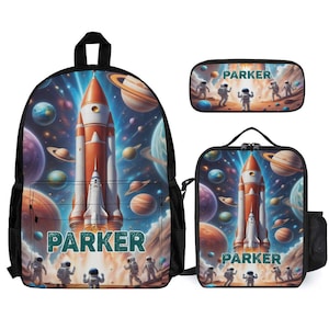 Outer Space Rocket Ship Kids Backpack Set Personalized School Bag Lunchbox Pencil Case Back to School Gift Custom 3 Piece Backpack Bundle