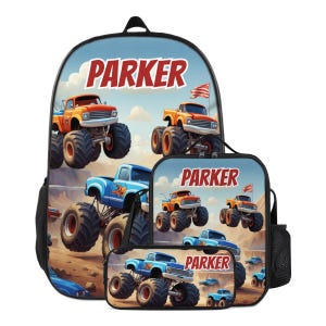 Backpack Monster Truck Schoolbag Custom for Boys Bookbag and Lunchbox Lunch Bag Pencil Case Personalized Set Back to School Bag with Name