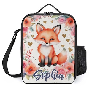 Sac à lunch personnalisé pour enfants avec monogramme personnalisé avec nom Renard Sac à lunch floral animal des bois pour camp scolaire garçons et filles
