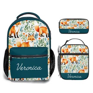 Sac à dos esthétique renards des bois personnalisé pour fille, ensemble de cartable, cartable personnalisé trousse à crayons, sac à lunch, conception de motifs avec nom